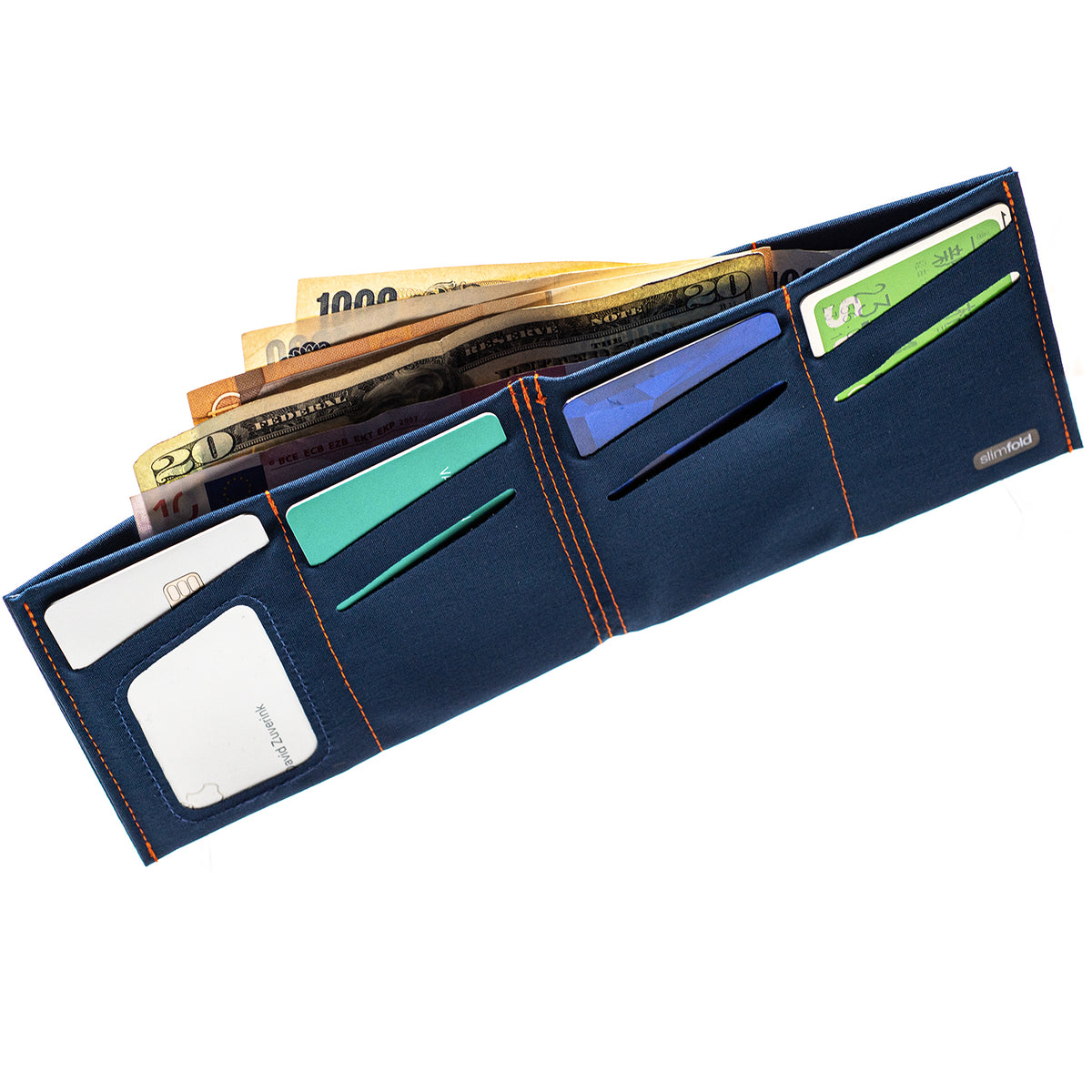 SlimFold Minimalist Original Soft Shell Wallet High Capacity Durable Thin Wallet.  3/4 View Navy 